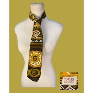 Vintage 60s TiKiTie Batik Tiki Print Gold Brown Black Cotton Made in Hawaii Tie